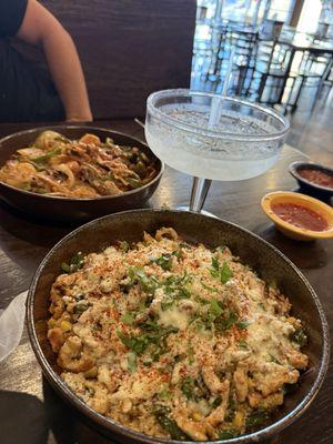 Mexican Chicken street corn bowl and in the back my Molcajete bowl. 32oz Skinny Margarita