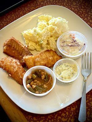 Beer Battered Cod Loins with beans, slaw and awesome potato salad.