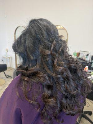 Results of correcting previous tone and cut.
Root retouch w/grey coverage
All over glaze / cut / blow w/heat styled curls