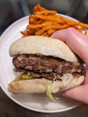 Double cheeseburger and sweet potato fries. I especially loved the bun.