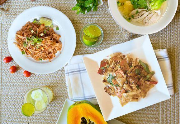 Pad Thai, Drunken Noodle and Wonton Noodle Soup
