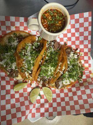 Quesa birria taco and hot consome at Rey de Reyes's