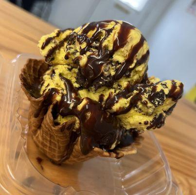 Banana Peanut Butter Moose Tracks and Chocolate Syrup in our Waffle Bowl