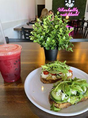 Green Monstah (front) and Live Life on the Veg (rear) toast with Turn the Beet Around juice