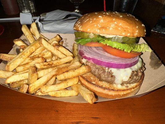 Cheeseburger with lots of gristle and tasteless fries.