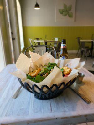 Fresco salad with chicken and Amstel Light beer
