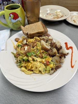 Andouille sausage scramble.
