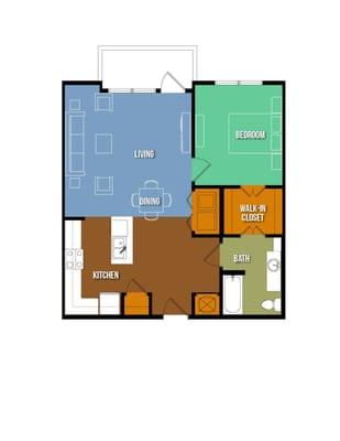 The Caroline Korbell plan features an island kitchen and large living/dining area. Ask about this 1 bedroom, 1 bathroom spacious plan today!