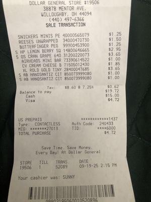 My receipt from shopping under $20