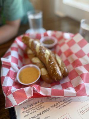 Pretzel sticks with grain mustard and beer cheese