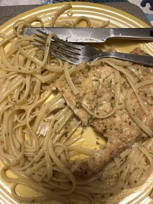 Chicken francese with linguini. Light, lemony, and juicy.
