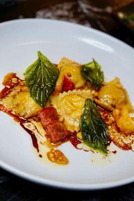 White Corn Ravioli with Heirloom Tomatoes