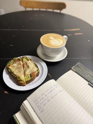 Honey lavender latte and loaded avocado toast