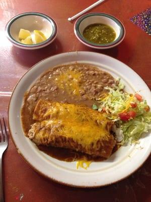 Enchiladas, beans, and subbed rice for salad. Delicious!