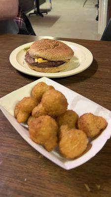 Plaza burger and fried mushrooms