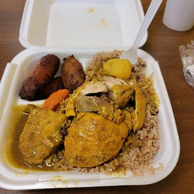 Curry Chicken!! This place is good. The black cake is authentic! A must try for the foodie.