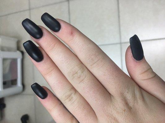 Mate black coffin shape nails. Beautiful.