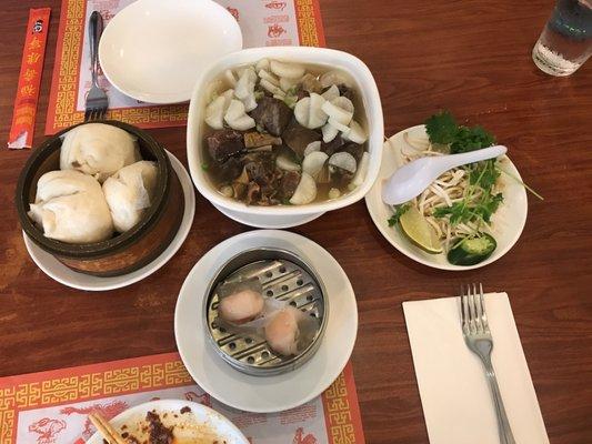 Pork bun, shrimp dumpling, beef stew noodle
