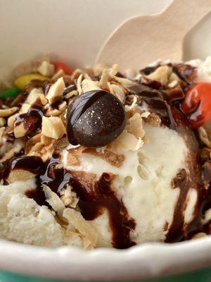 I had Vanilla, M&M's, Coconut, Chopped Peanuts and Hot Fudge. So good! 07/24/24