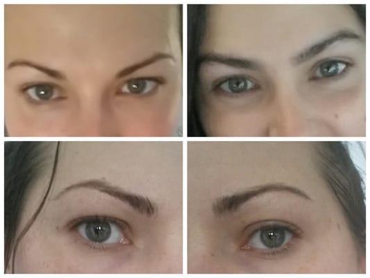 top right = eyebrows b4 The other 3 pics are 1 wk AFTER. Notice where my eye starts and where the brows starts and the shape of both, so bad