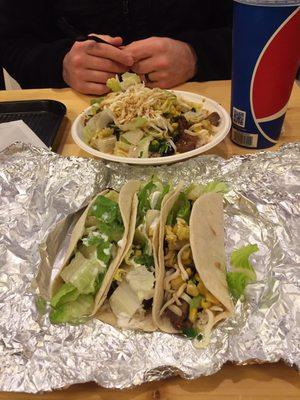 Steak tacos and rice bowl