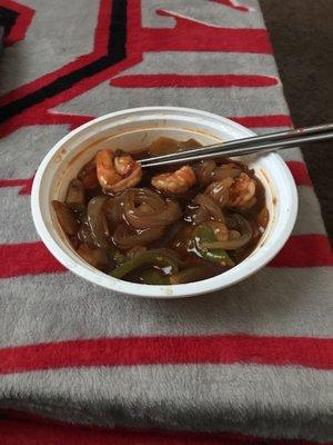 This is allegedly a "pint of Schzechuan Shrimp and Veggies" - Notice, its half full, only 3 shrimp and mostly onion.