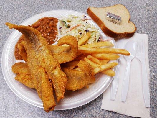 All You Can Eat Fish Fry, fresh Dixon's Fish Docks Fish, Fresh French fries, homemade coleslaw, homemade baked beans, assorted breads.