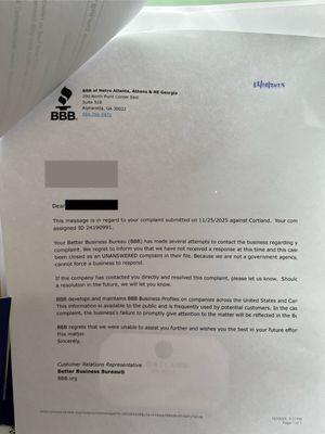 BBB stating they received no response from Cortland.
