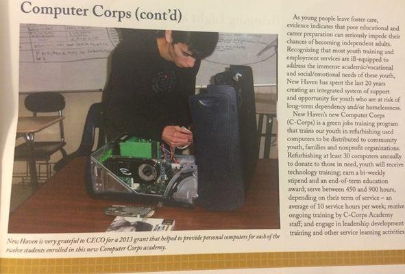 New Haven marketing material showing Jeffrey Berry fixing a broken computer. Expressing gratitude to CECO for a 2013 grant.