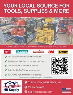 HB Supply, your local source for tools, supplies and more.