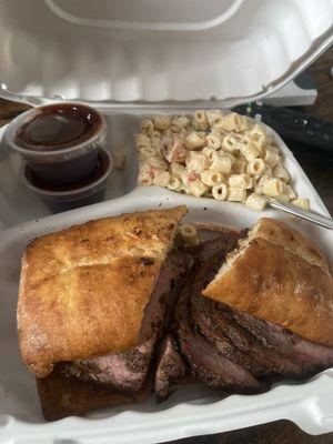Tri-tip sandwich and Mac salad extra bbq sauce.