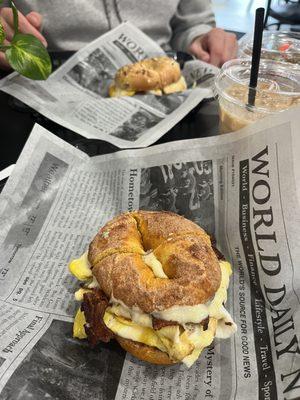 Bacon egg and cheese on French toast bagel