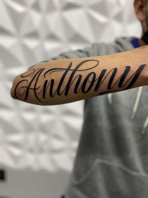 Custom script lettering on arm - all freehand work. Hand-drawn, one of a kind. Ocean Drive area. -Danny