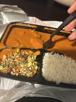 Butter chicken combo (5 pieces sadly), salad, and rice (samosa & naan not pictured)