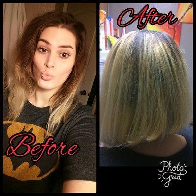 Before & After Michol did my hair. Very patchy/brassy & not at all a blonde ombre.