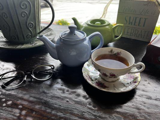 Blackberry sage oolong; choose your pot size and a cup from the shelf.