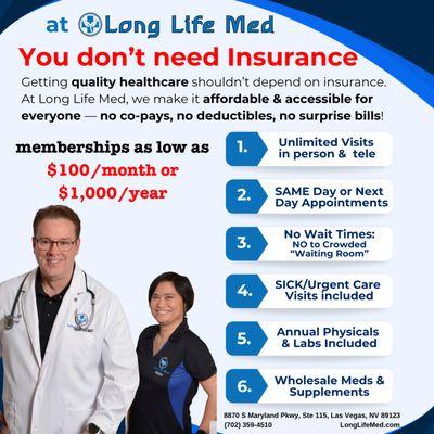 Get Concierge-like Healthcare at Long Life Med even without Health Insurance