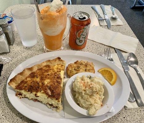 Homemade quiche, potato salad, cheese roll, and orange creamsicle float!
