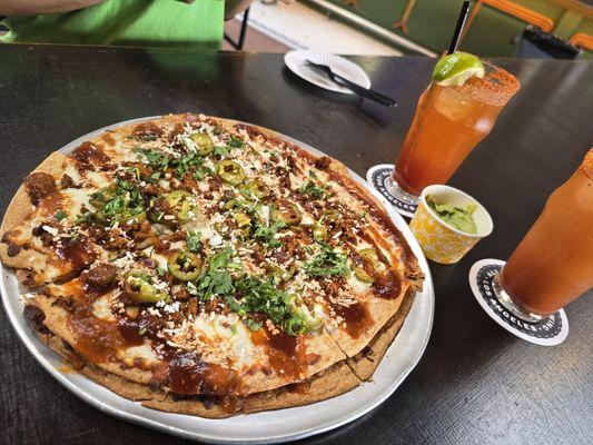 Mexican Pizza with a side of guacamole (and Micheladas)