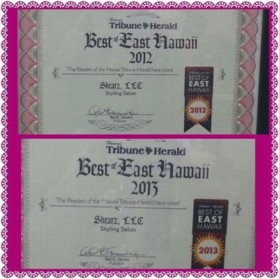 Best Salon of East Hawaii awards for 2013, 2012 and 2007