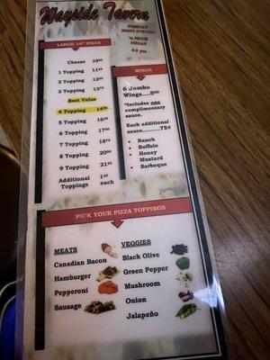 Pizza and wings menu