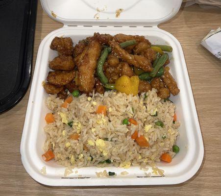 Honey sesame chicken, orange chicken, and fried rice.  The fried rice was horrible!  The meat was over battered and hard!