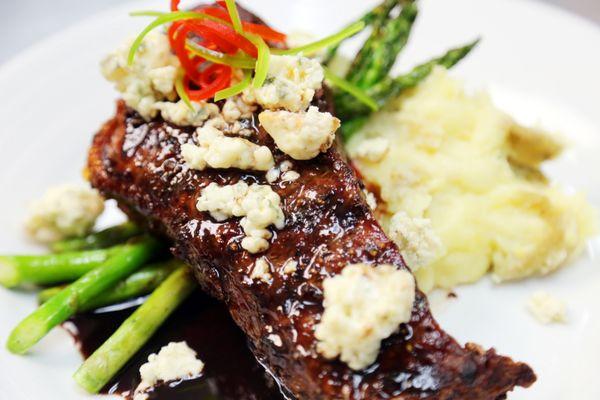 Grilled NY Strip with smoked moody bleu cheese & peppercorn brandy demi, cheddar mash or baked potato & grilled asparagus