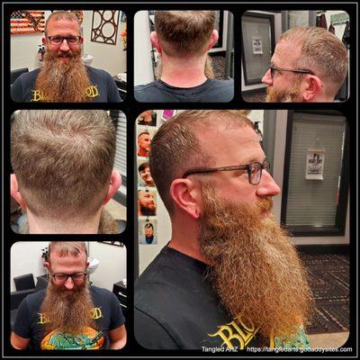 faded short cut blend to a very long conditioned beard sculpt.