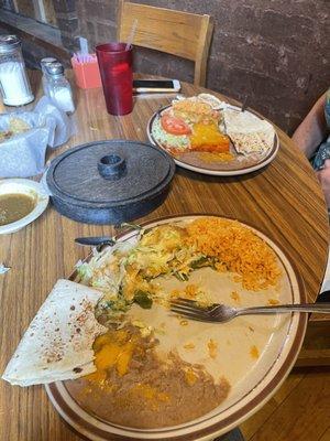 Already started Chile Relleno plate. Rear is what's left of wife's combination plate after quick dive in.