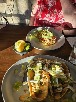 Shrimp tacos and shrimp ceviche tostado