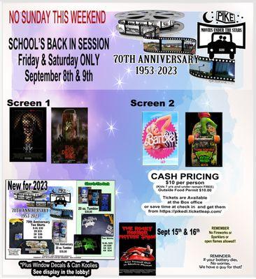 Fri & Sat SEP 8 & 9 @ The Pike: Screen 1) THE NUN II & EVIL DEAD RISE or Screen 2) BARBIE & T.M.N.T: Mutant Mayhem. More info: pikedi.com