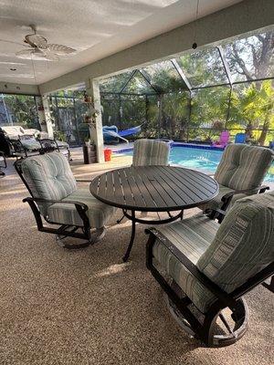 The perfect sized patio table to match our patio chairs to afford many comfortable evening dinners/desserts for entertaining....