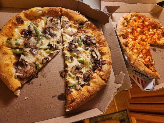 These were two specialty pizzas. One, a Philly Cheese steak, and the other, a Buffalo Chicken. There is virtually NO protein on these pies.