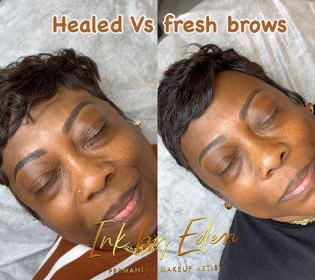 Healed results of ombré powder brows on the left/ freshly done brows on the right